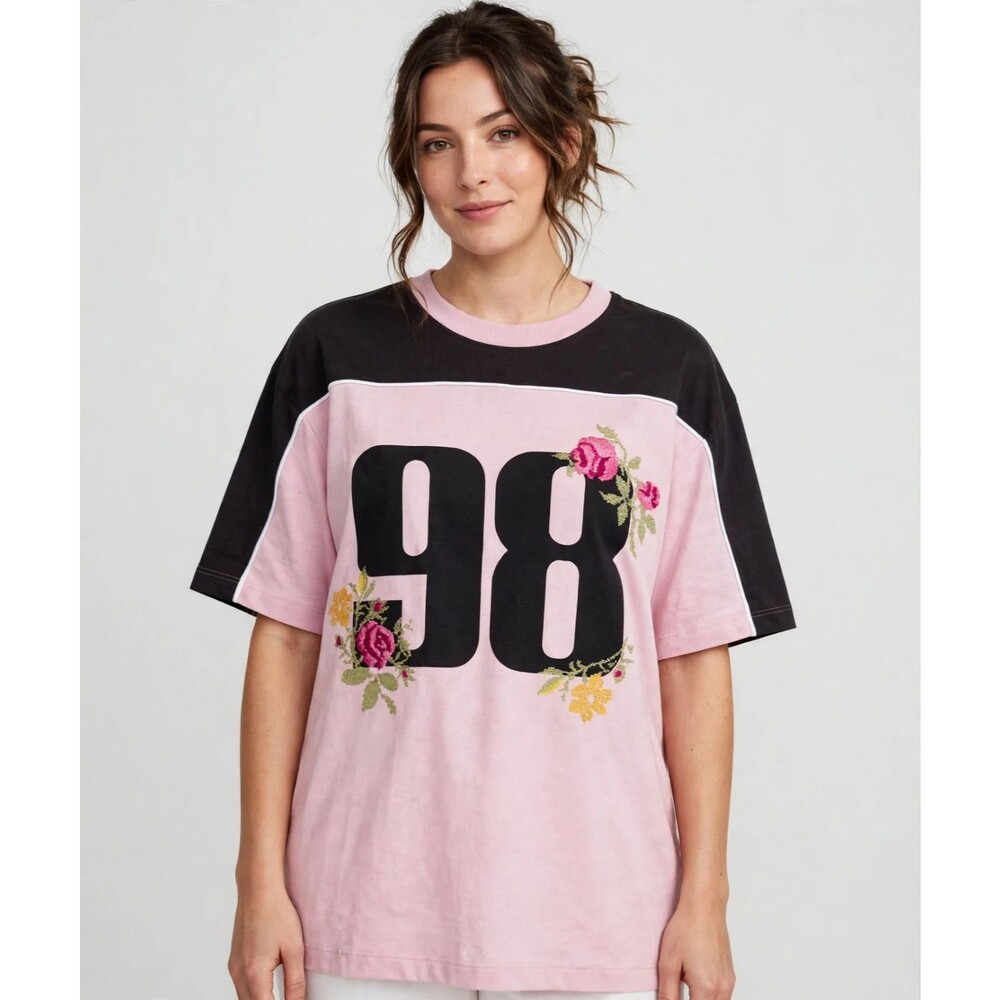 Messy Bun Just Chillin Women's L T-Shirt Pink Black 98 Floral Graphic Tee NWT